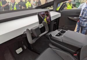 The futuristic yet spartan interior of the Tesla Cybertruck